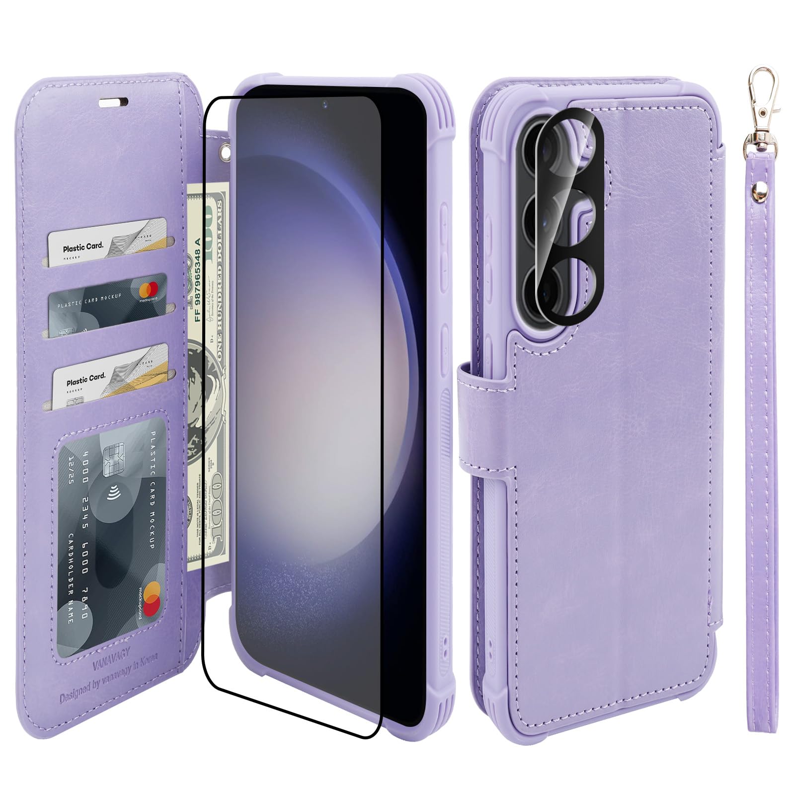VANAVAGY Wallet Case for Galaxy S24+ Plus with RFID Flip Card Holder,[Glass Screen Protector & Camera Len Protector] Leather Wrist Strap Supports Wireless Charging Case,Clove Purple