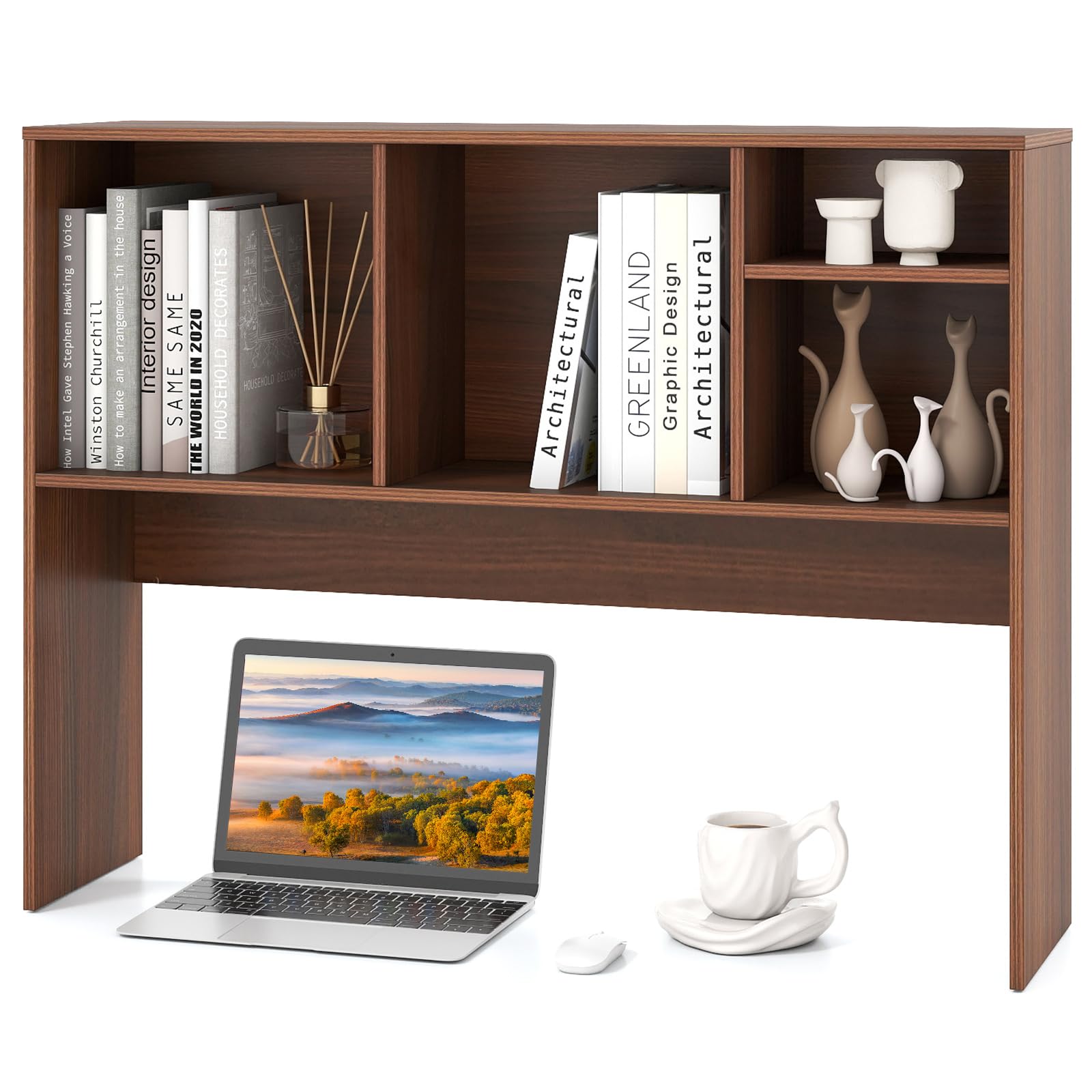 Tangkula Desktop Bookshelf, Countertop Storage Hutch with 4 Shelves for Computer Desk, Desktop 2-Tier Display Rack, Multipurpose Wood Desk Hutch Storage Organizer for Dorm Office Home (Walnut)