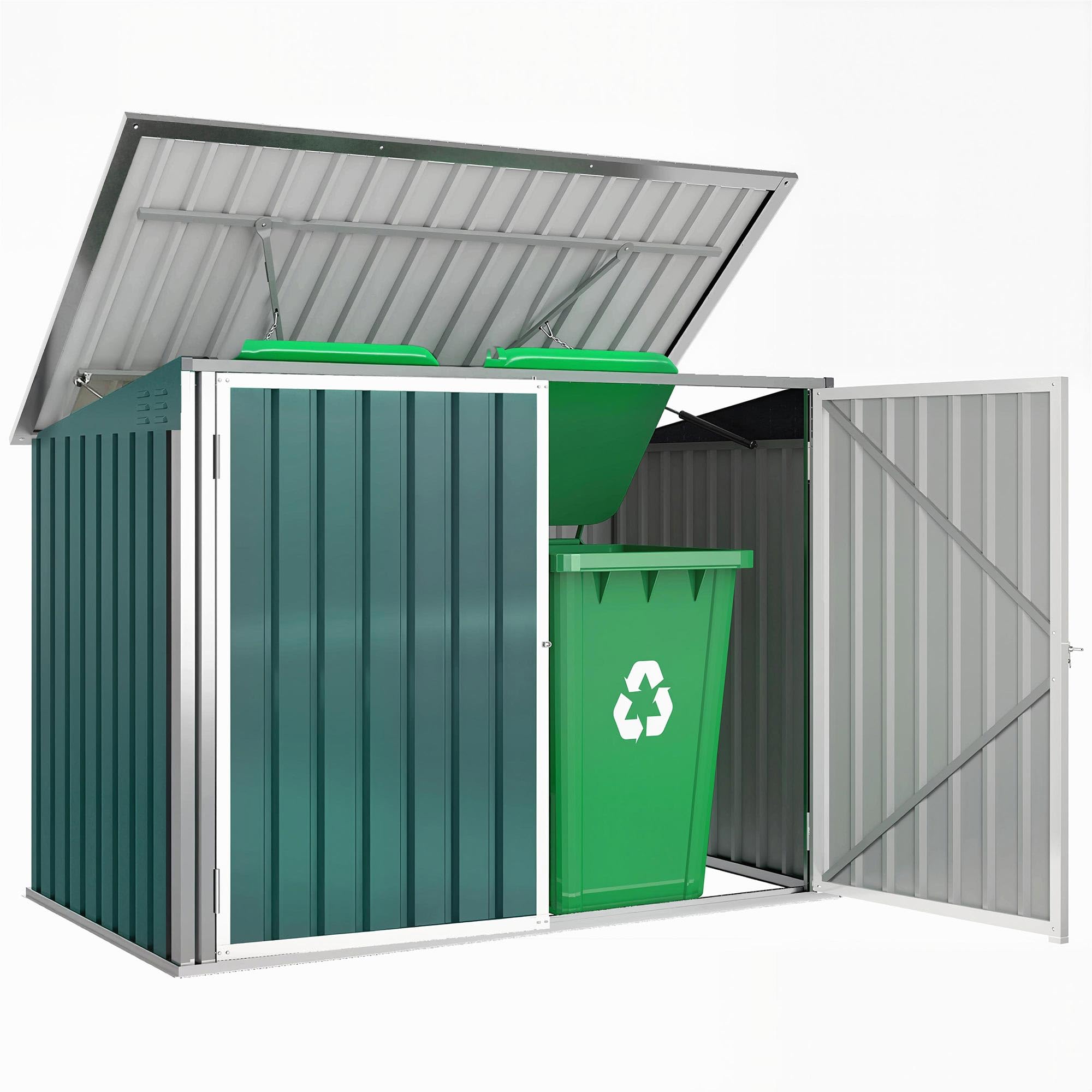 Outsunny Casetta per Spazzatura Esterna 1.91m² in Acciaio Zincato con 2 Porte Bloccabili, Contenitore per Bidoni Rifiuti con Tetto Apribile Prese d'aria, Capanno da Giardino per 2 Bidoni, Verde