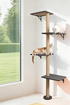 Cat Tree Wall Mounted,Tall Scratching Post for Indoor Cats Climbing Tower Activity Wood Cat Wall Furniture Grey