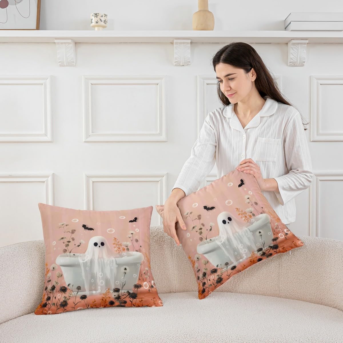 Erosebridal Halloween Decor Cushion Cases 2 Pcs Funny Ghost Throw Pillow Covers For Sofa Couch Bed Home Outdoor Car Black Bat Cushion Covers 24X24 Inch Rustic Flower Pink Decorative Square Pillowcases