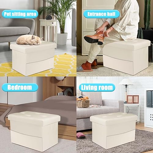 Miniatura 6 de AmasSmile Otomana de almacenamiento, taburete reposapiés con bolsillo lateral, banco de cuero de 17 pulgadas, taburete otomano corto, almacenamiento