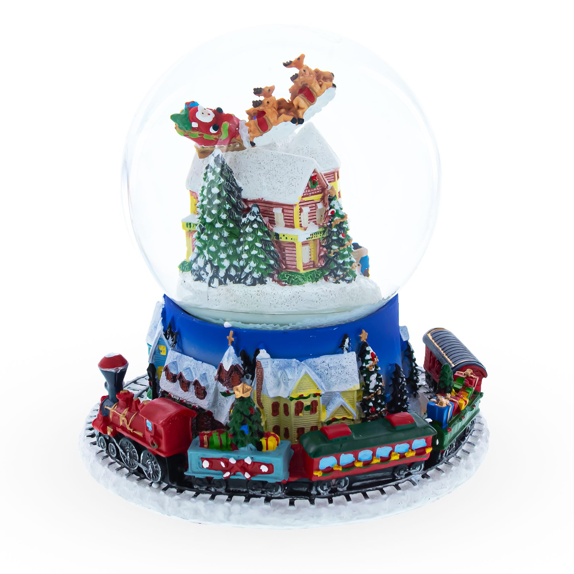 Santa's Magical Flight: Animated Musical Christmas Water Snow Globe with Moving Train Base