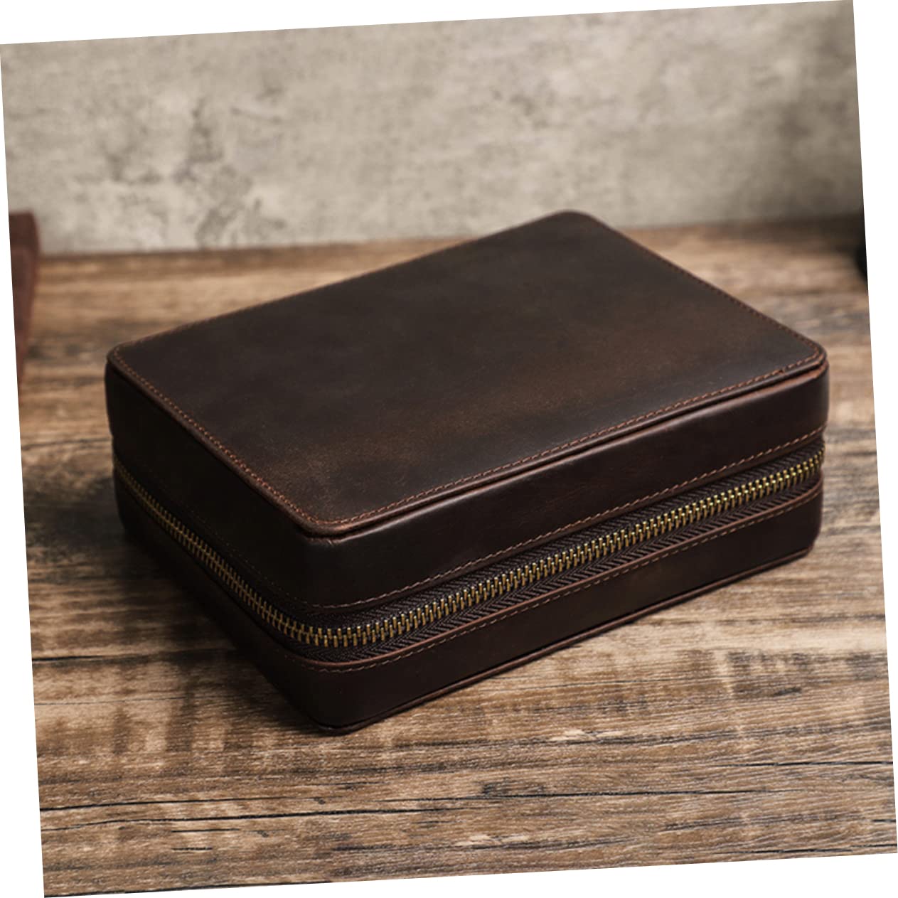 PACKOVE Estuche de Cuero para Reloj Vintage 4 Ranuras y Cremallera | Viaje y Almacenamiento, Tono Café, Compartimentos en Ambos Lados, Adecuado para Boda o Cumpleaños