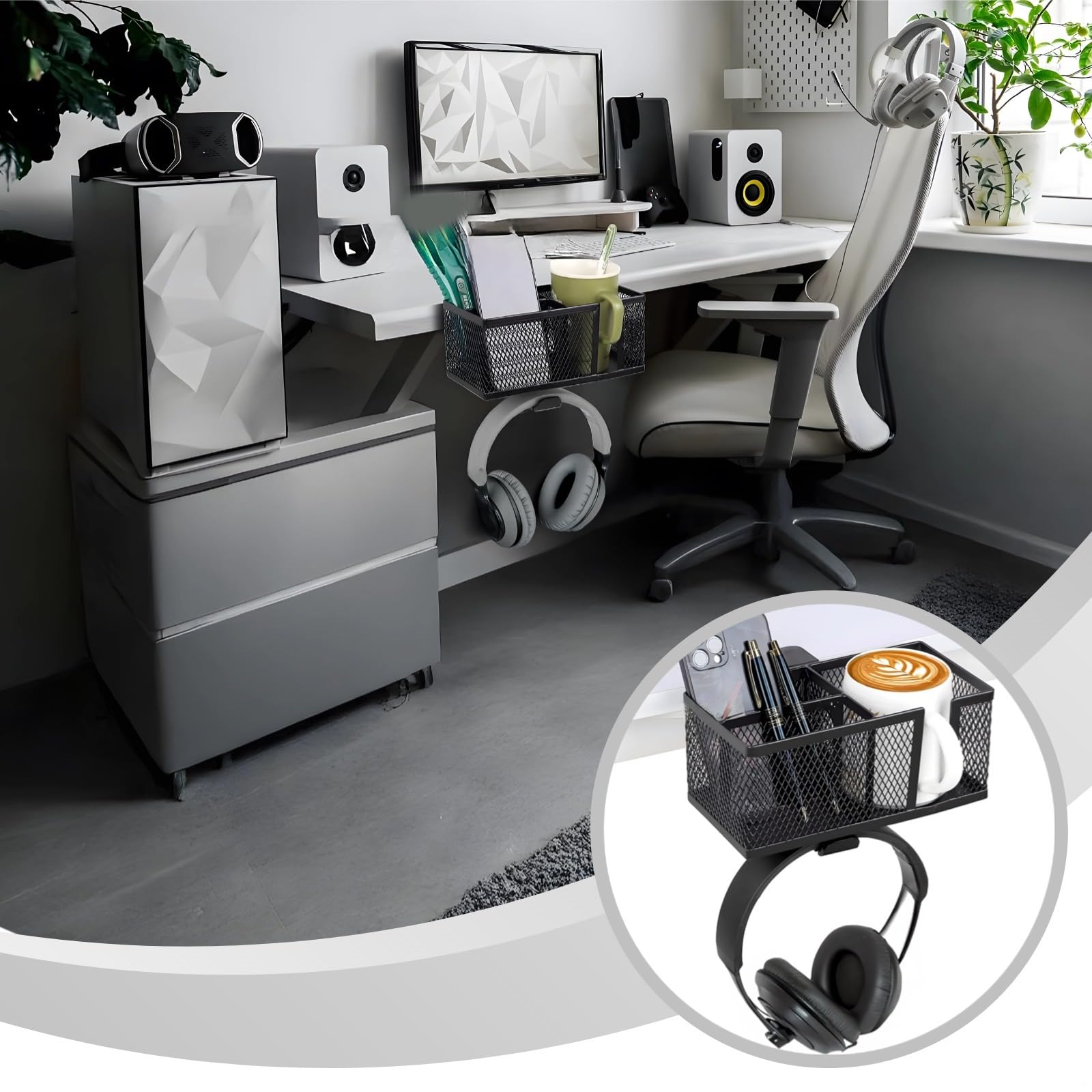 Mount Getränkehalter, 3-in-1-Schreibtisch, auslaufsicher, Becherständer für Zuhause, Büro, Schreibtisch, Becherhalter, Aluminium, Klemme mit Ablageschale und Kopfhörerhaken, mit Handy-Ständer