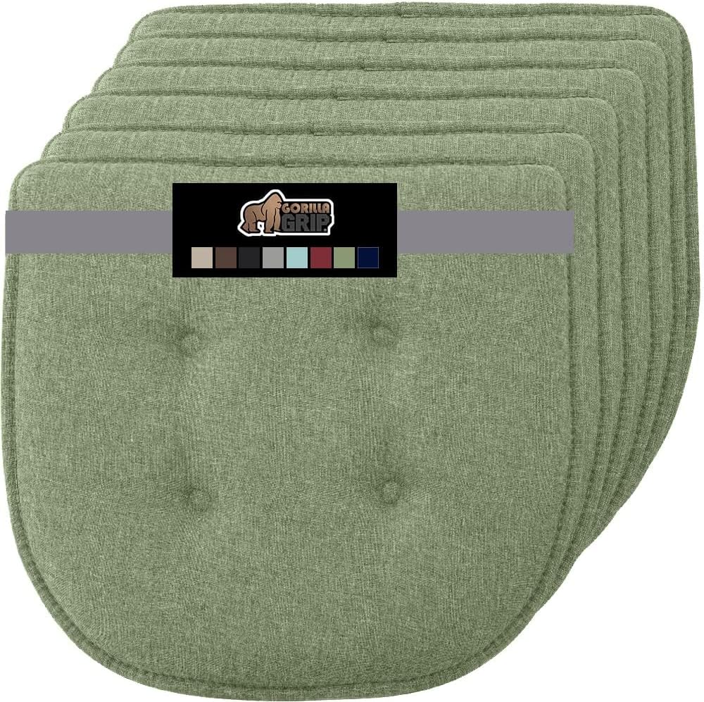 GORILLA GRIP Slip Resistant Tufted Chair Cushions, No Ties Required, Set of 6 Memory Foam Pads for Dining Room, Kitchen Table, Office, Rocking Chairs, Plush Seat Cushion Pad, Home Decor, 16x17, Sage