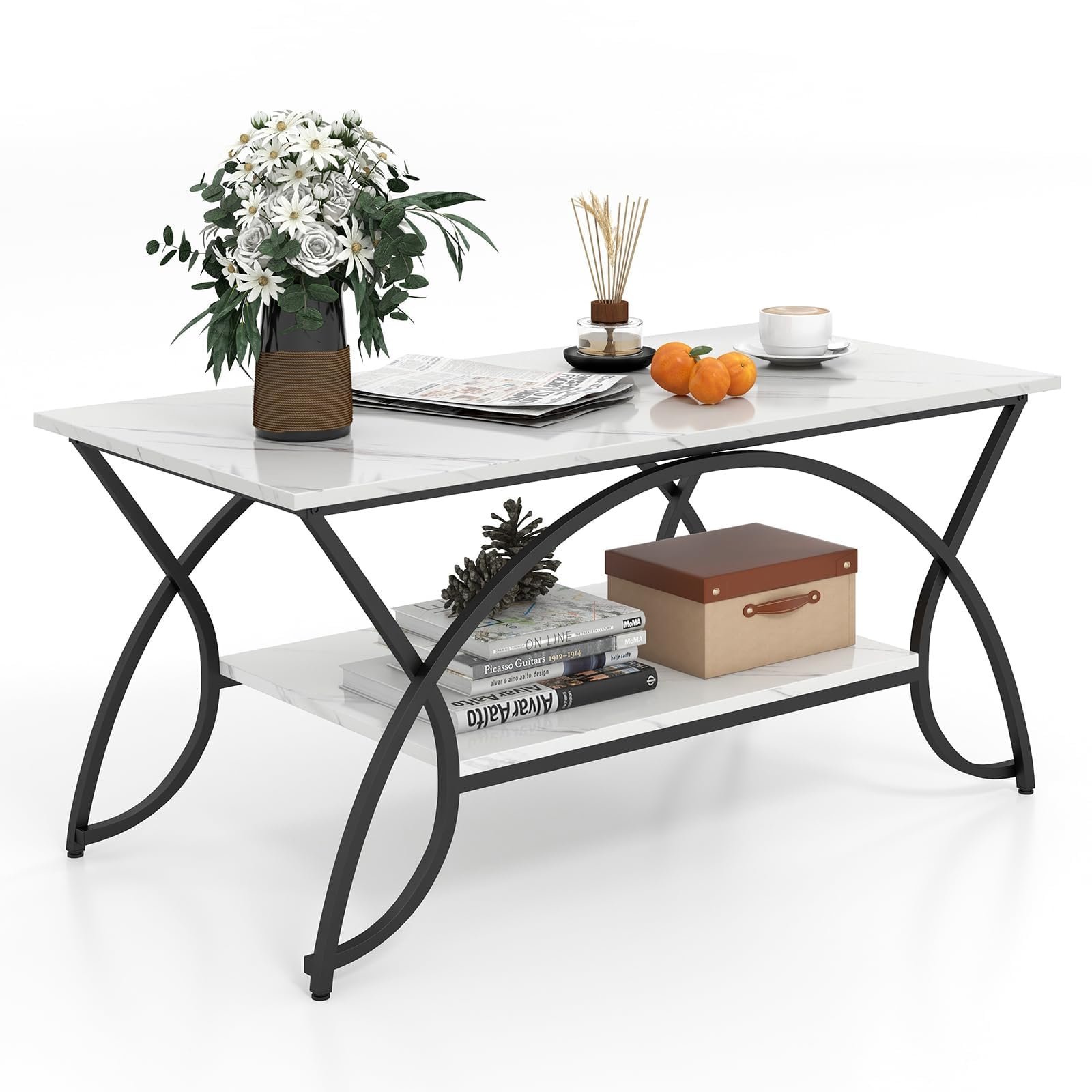 Table basse FANTASK aspect marbre noir et blanc 100x50x45 cm avec étagère en métal pour salon