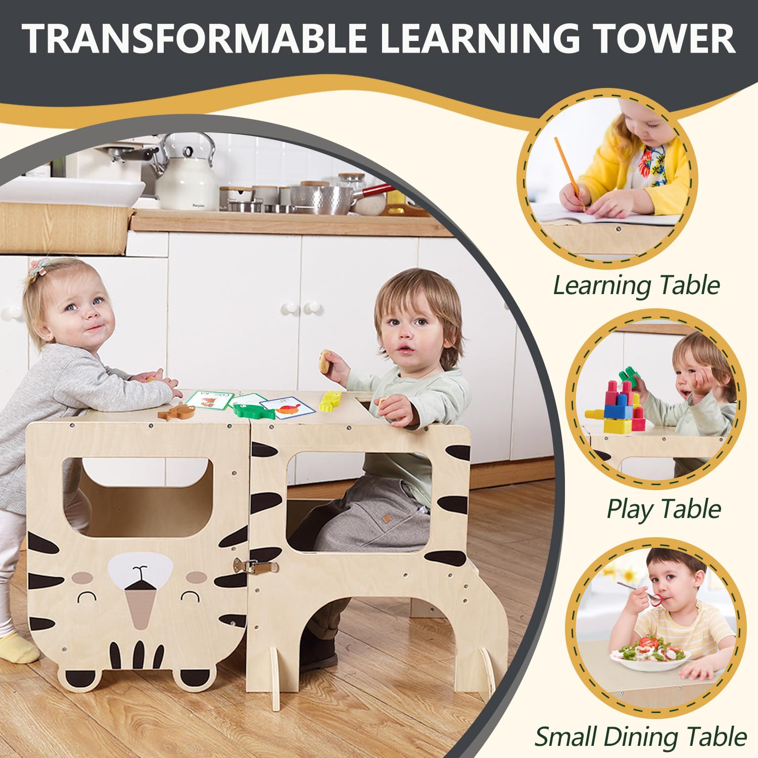 labebe torre montessoriana bambini,multifunzionale torre montessoriana pieghevole in legno, 3 in 1 Torre di apprendimento per bambini trasformabile con lavagna-tigri