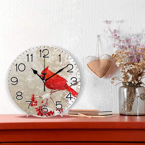 Miniatura 2 de Reloj de pared con diseño de pájaro cardenal rojo, funciona con pilas, sin tictac, de cuarzo, analógico, rústico, rústico, redondo, decoración retro