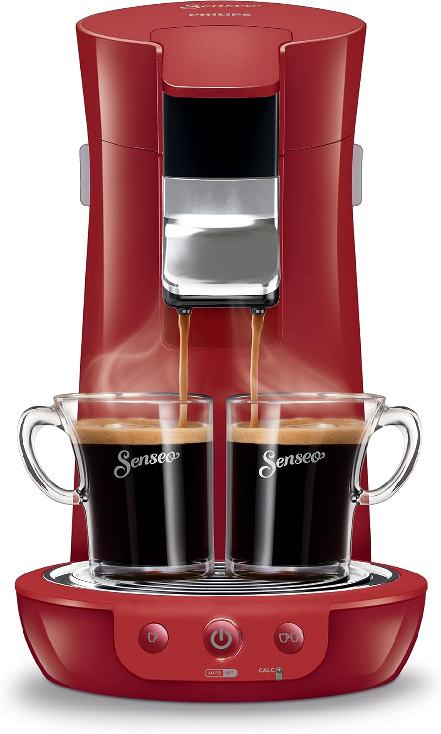 Philips SENSEO Viva Cafe coffee machine, front view, brewing two cups of coffee with steam.