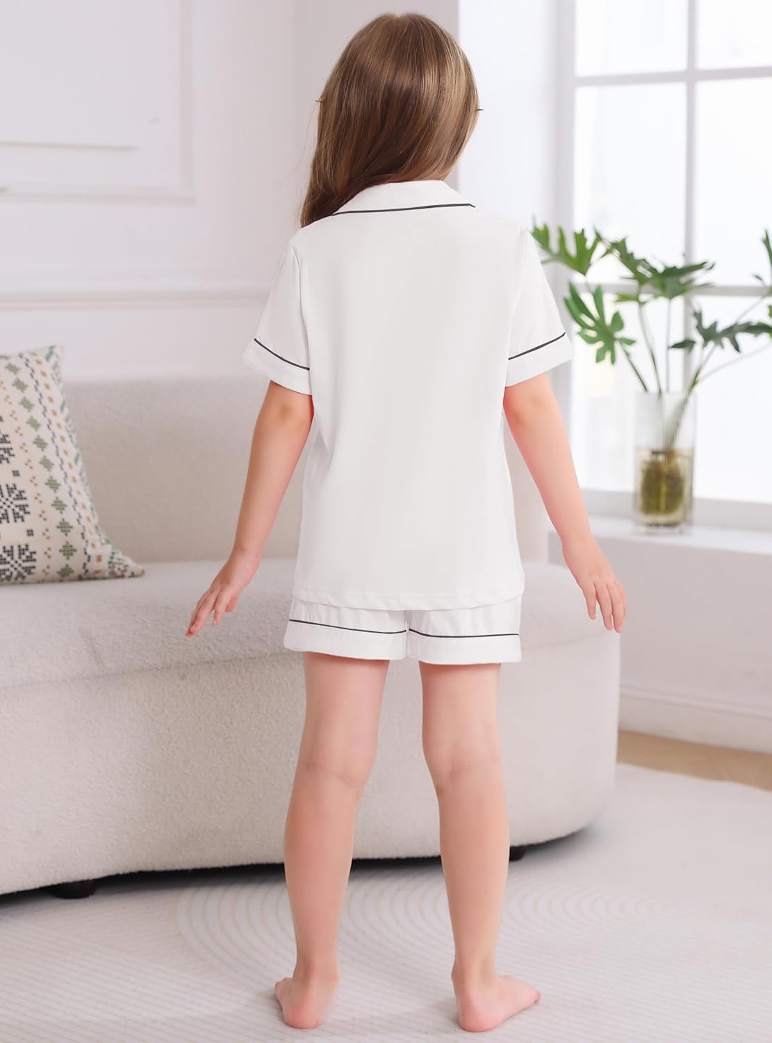 Veseacky Girls Pajama Sets 100% Cotton Sleepwear Button Down Short Sleeve With Pockets Boys Girls Pjs for Ages 5-14 (White,130)