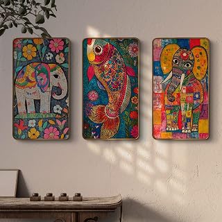 Livin'luxe Set of 3 modern art Madhubani painting Premium Golden Framed Wall paintings for living room, bedroom, home decoration, wall decoration 35 inch x 20 inch SG21