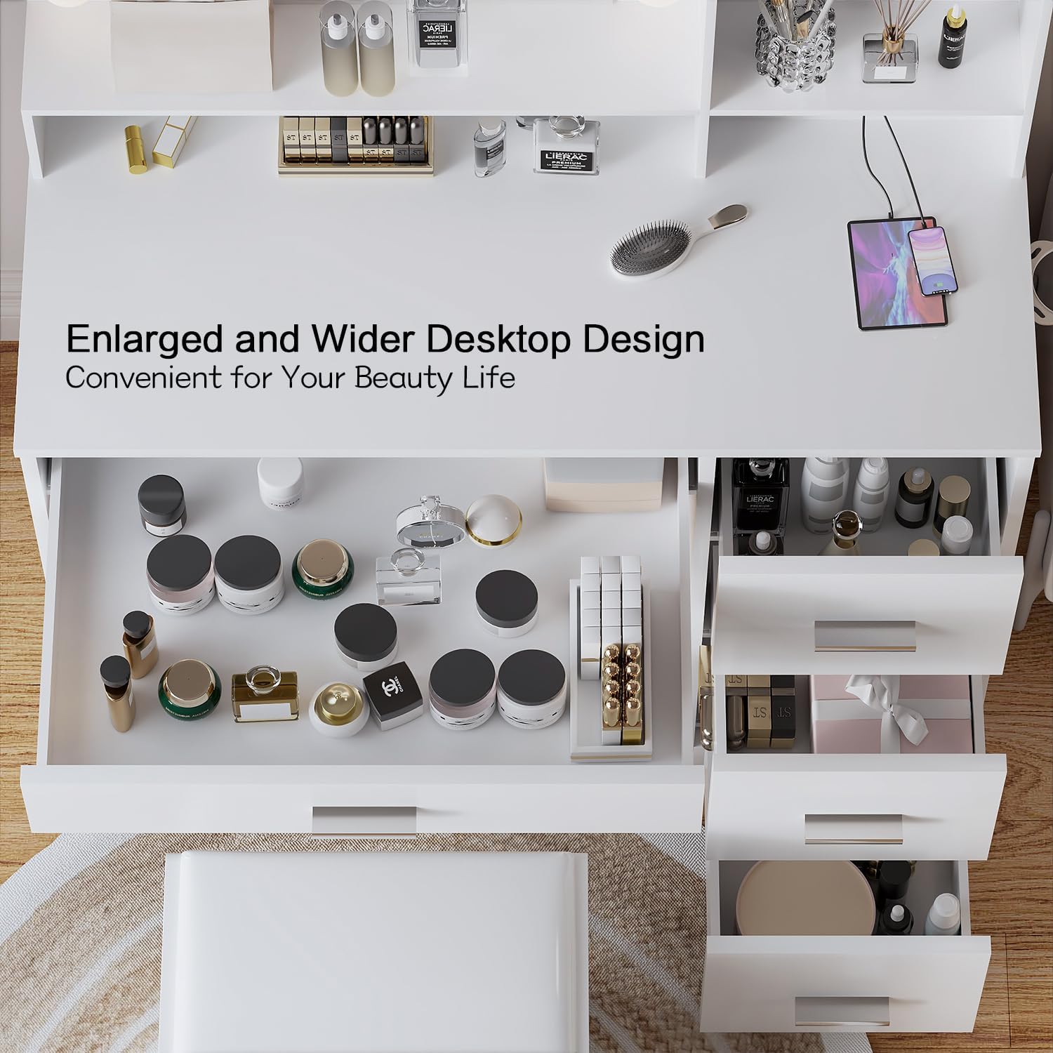 YESHOMY 39" Vanity Desk with Mirror & Lights, Vanity Table with 4 Drawers & Storage Shelves, Built-in Outlet, 3 Color Modes & Adjustable Brightness Dressing Table, Bedroom, White