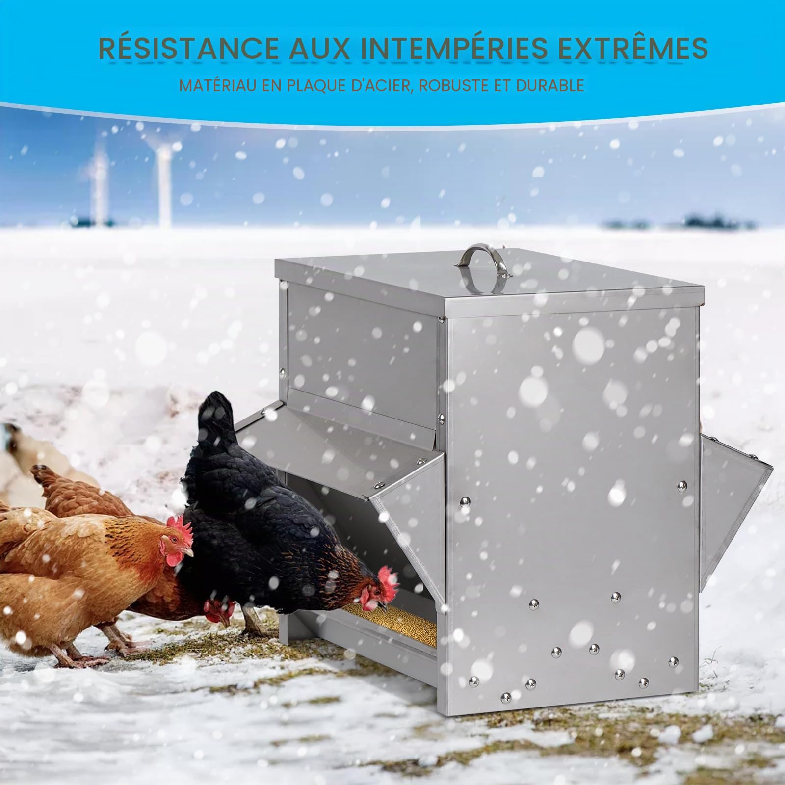 25kg Mangeoire Poules Automatique Metal Mangeoire à Volaille avec Couvercle Anti-Pluie Exterieur Distributeur de Nourriture pour Poules Canards Oies Volailles