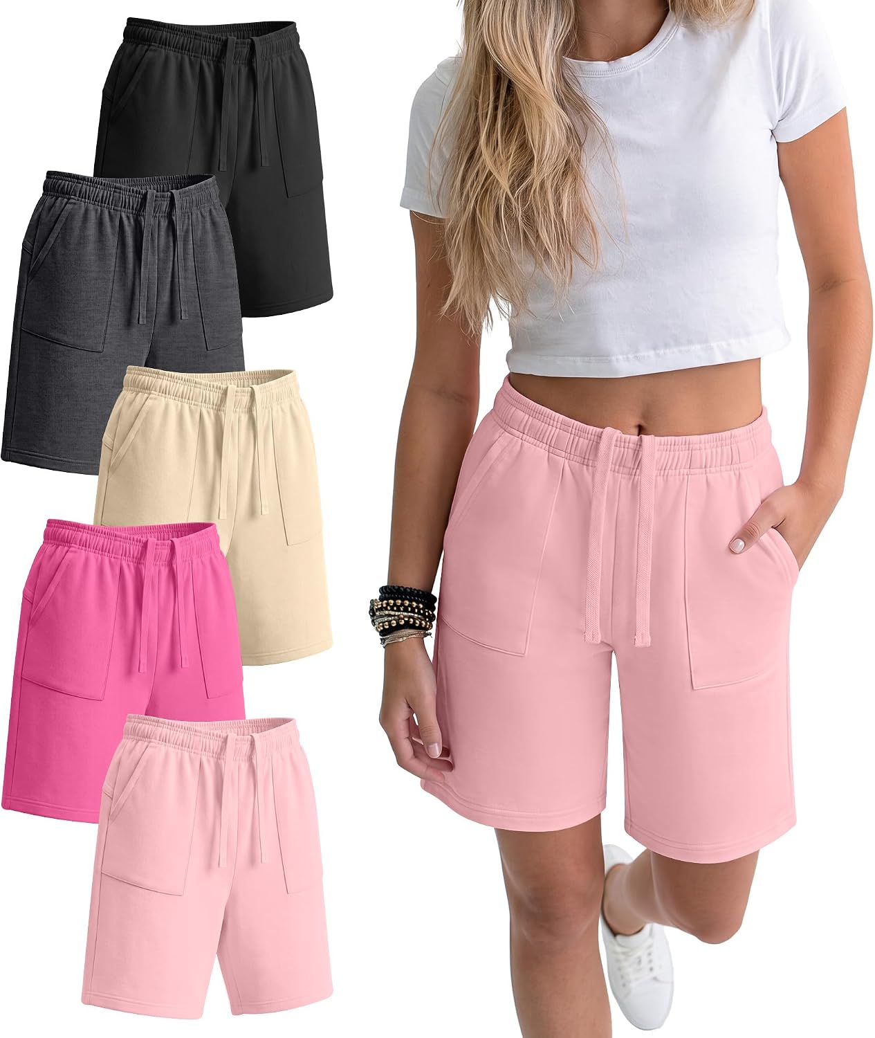5 Pack Girls' Shorts with Pockets Bermuda Knee Length Athletic Elastic Waist SweatShorts Drawstring Shorts 5-14Y