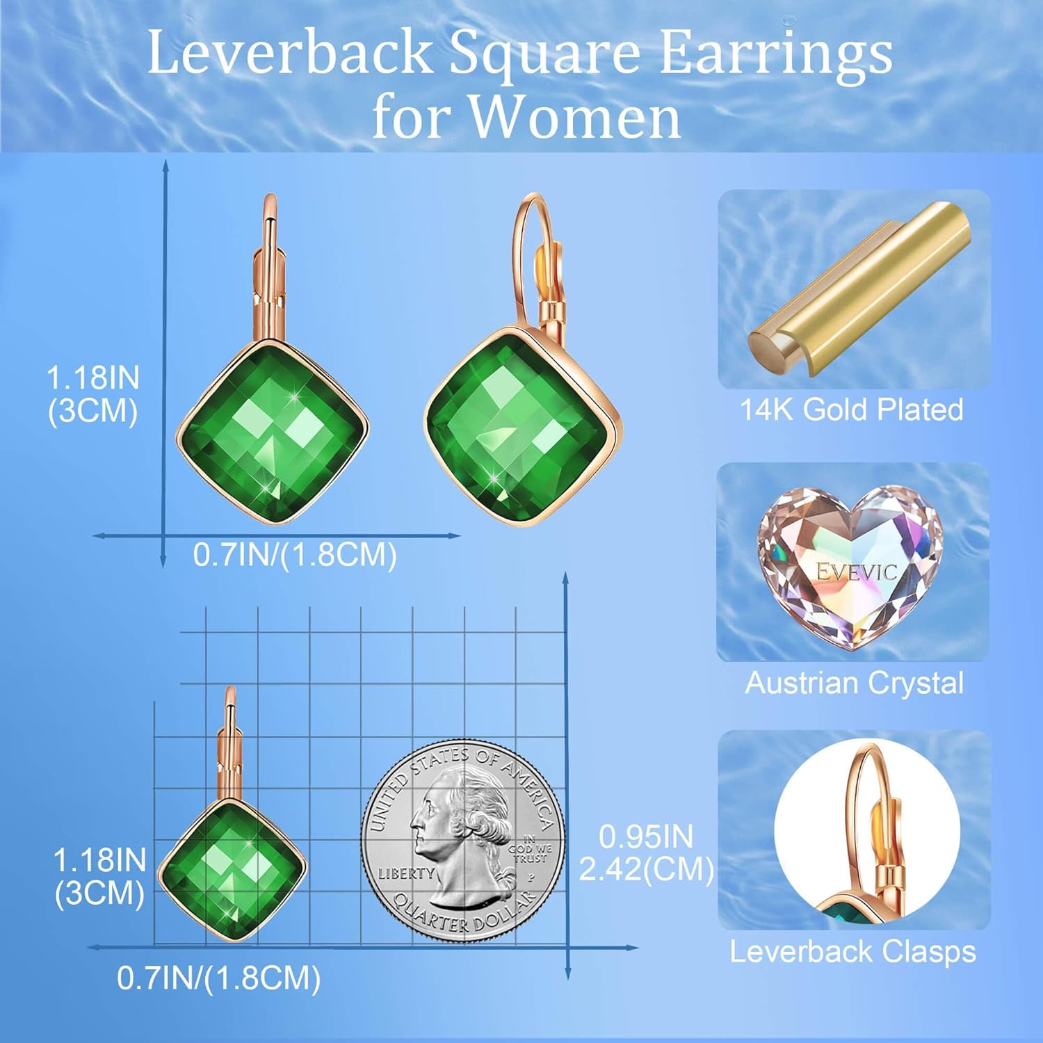 EVEVIC Austrian Crystal Square Dangle Drop Leverback Earrings for Women Fashion 14K Gold Plated Jewelry Gifts for Anniversary - Image 5