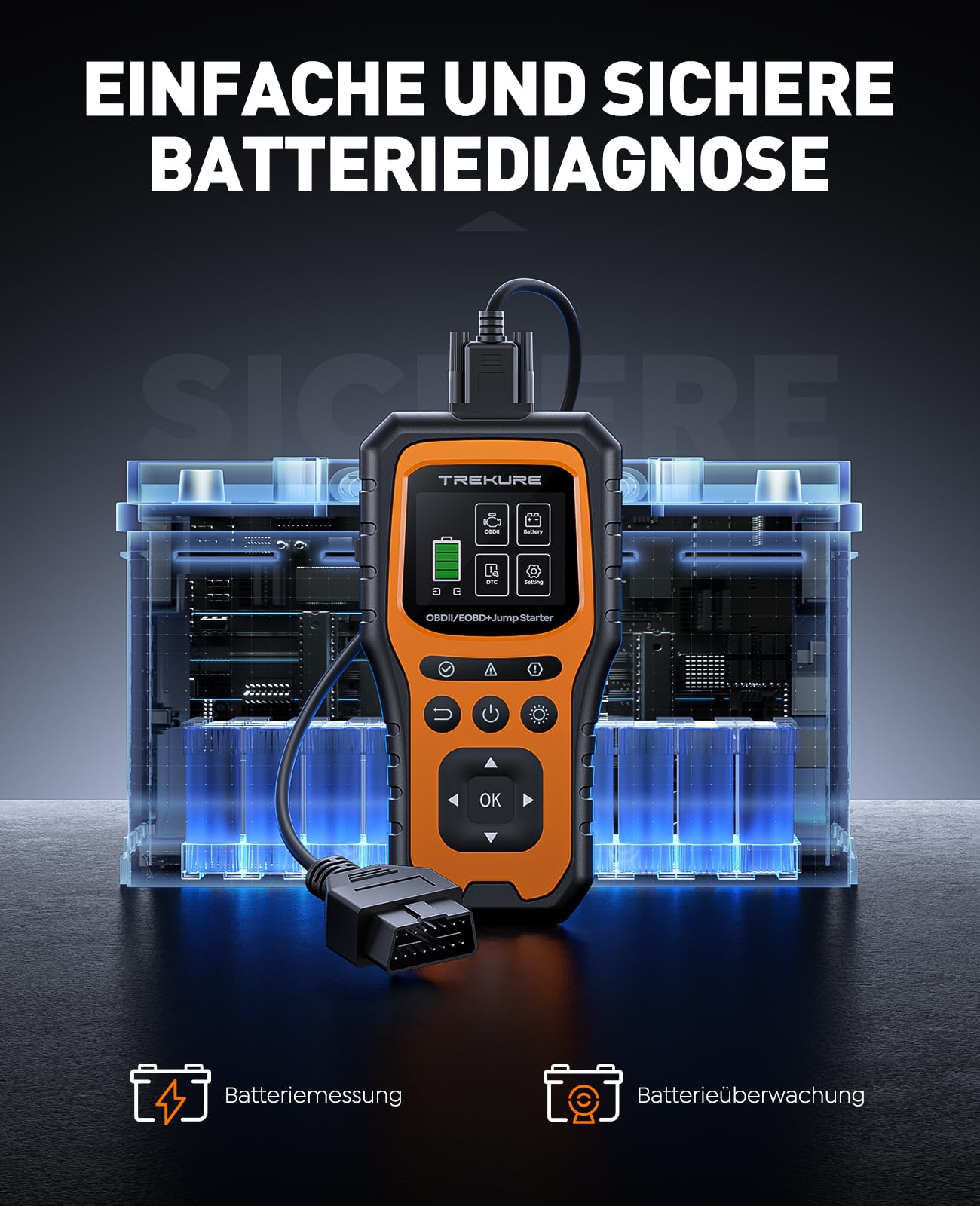 TREKURE 7000A Starthilfe Powerbank Auto mit Batterietester & OBD2 Diagnosegerät – 12V Auto Starthilfegerät für Benzin & Diesel bis 10.0L, LED Licht, Notfall-Tool für PKW