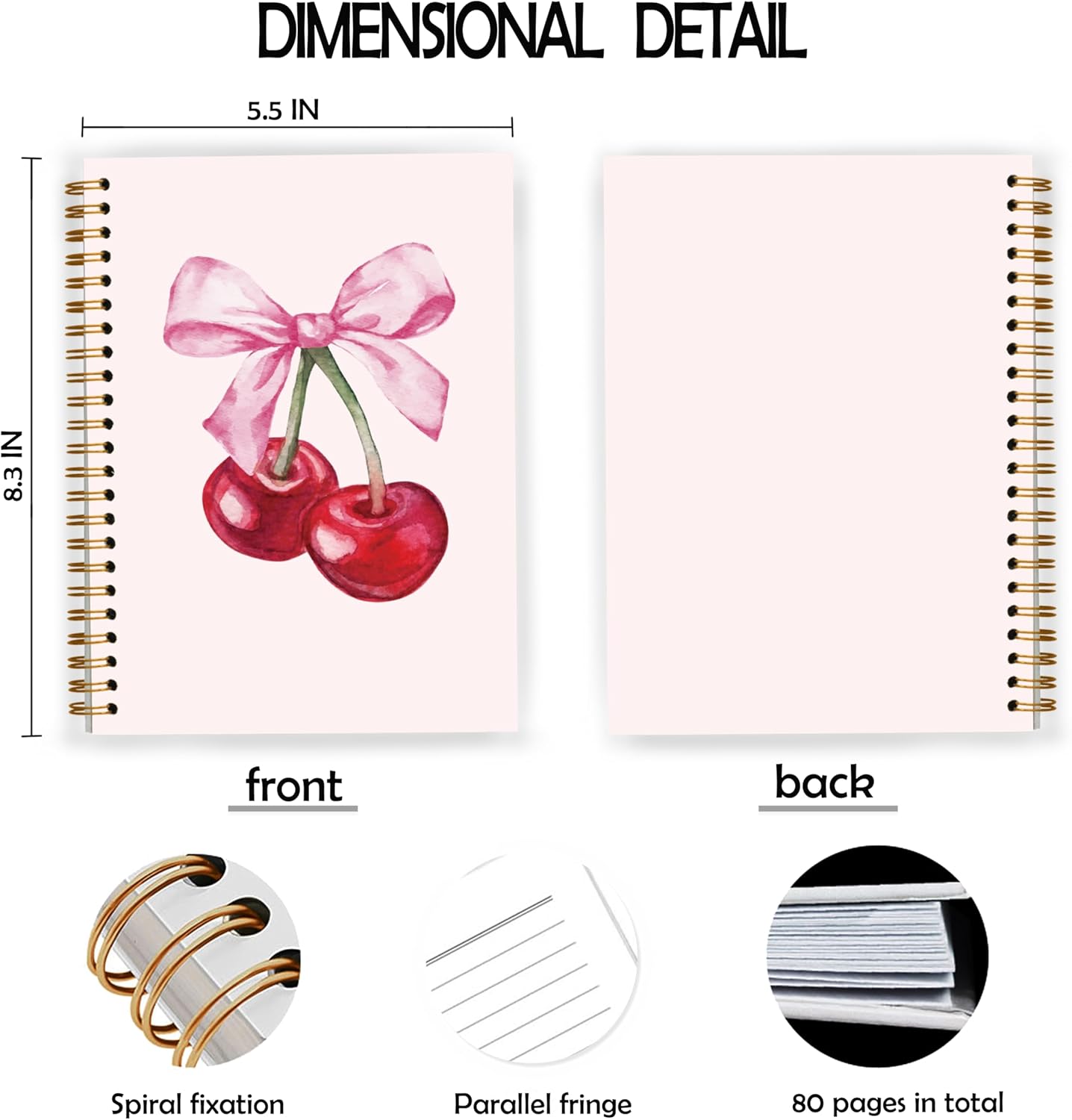 Coquette Pink Bow Cherry Notebook, Pink Girly Spiral Notebook 5.5x8.3, Preppy Aesthetic Journal for Women, Coquette Girly Office Supplies, Preppy Gifts for Women, Spiral Journal - Image 2