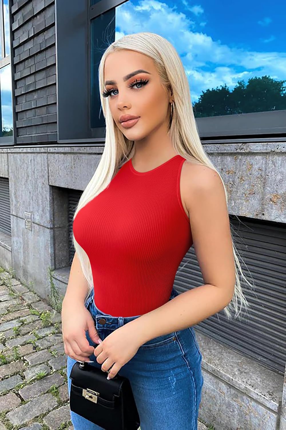 OQQ Women's 3 Piece Bodysuits Sexy Ribbed One Piece Sleeveless Halter Neck Tops Leotard Summer Trendy - Image 3