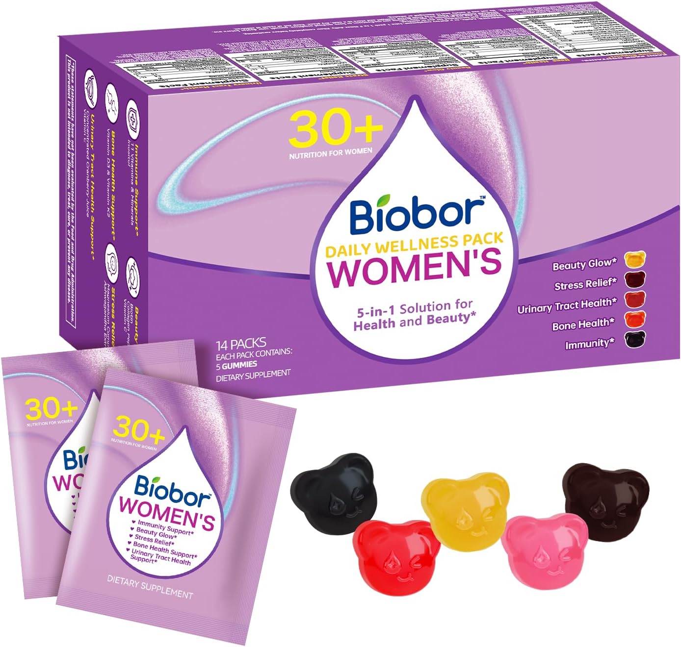 Women’s 30+ Daily Multivitamin Gummy Pack, 14-Day Supply with Biotin & Collagen, Magnesium + Ashwagandha, Cranberry with Vitamin C, D3 + K2 | 5-in-1 Beauty, Mood, Immune & Bone Support