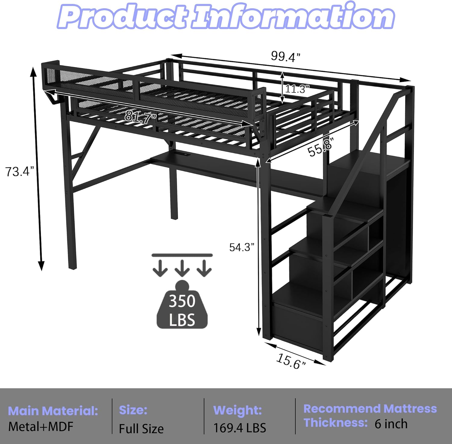 Full Size Loft Bed with Desk & LED Lights, High Loft Bed Frame with Stairs & Storage, Tall Lofted Bed for Teens, Boys & Girls, No Box Spring Needed (All Black)