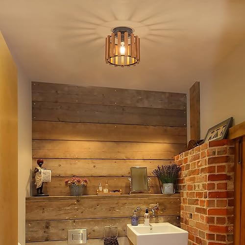 Miniatura 7 de Edzemuwa Lámpara rústica de montaje empotrado de madera de roble, lámpara de techo semiempotrada para pasillo, dormitorio, cocina, entrada, granja,