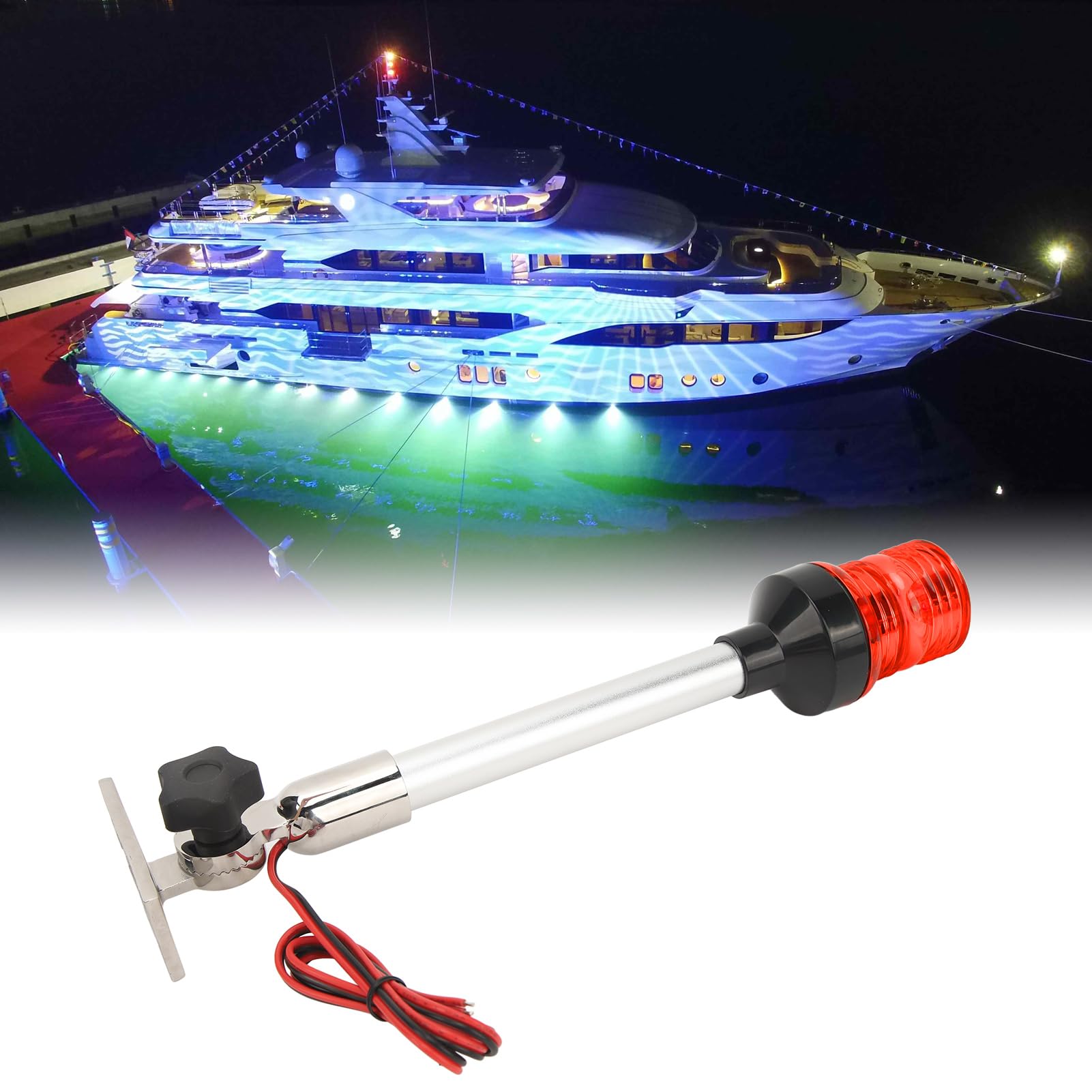 Qqmora Luce di Poppa a LED Pieghevole a 360 Gradi per Barche da Pesca, Yacht, Marine, Base Stabile e Asta per Alta visibilità, Adatta per Uso Marino (Rosso)
