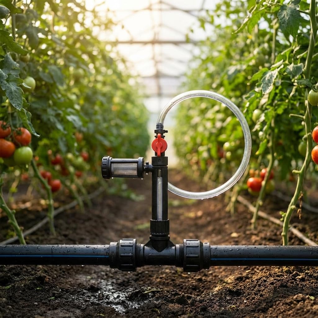 Suinga Inyector Venturi de Fertilizante 63mm Ø 2'' con caudalímetro. Caudal Regulable de Fertilizante 240 a 2320 litros. Presión de Funcionamiento de 1 a 5,5 Bar. Rosca Macho 2'', Negro