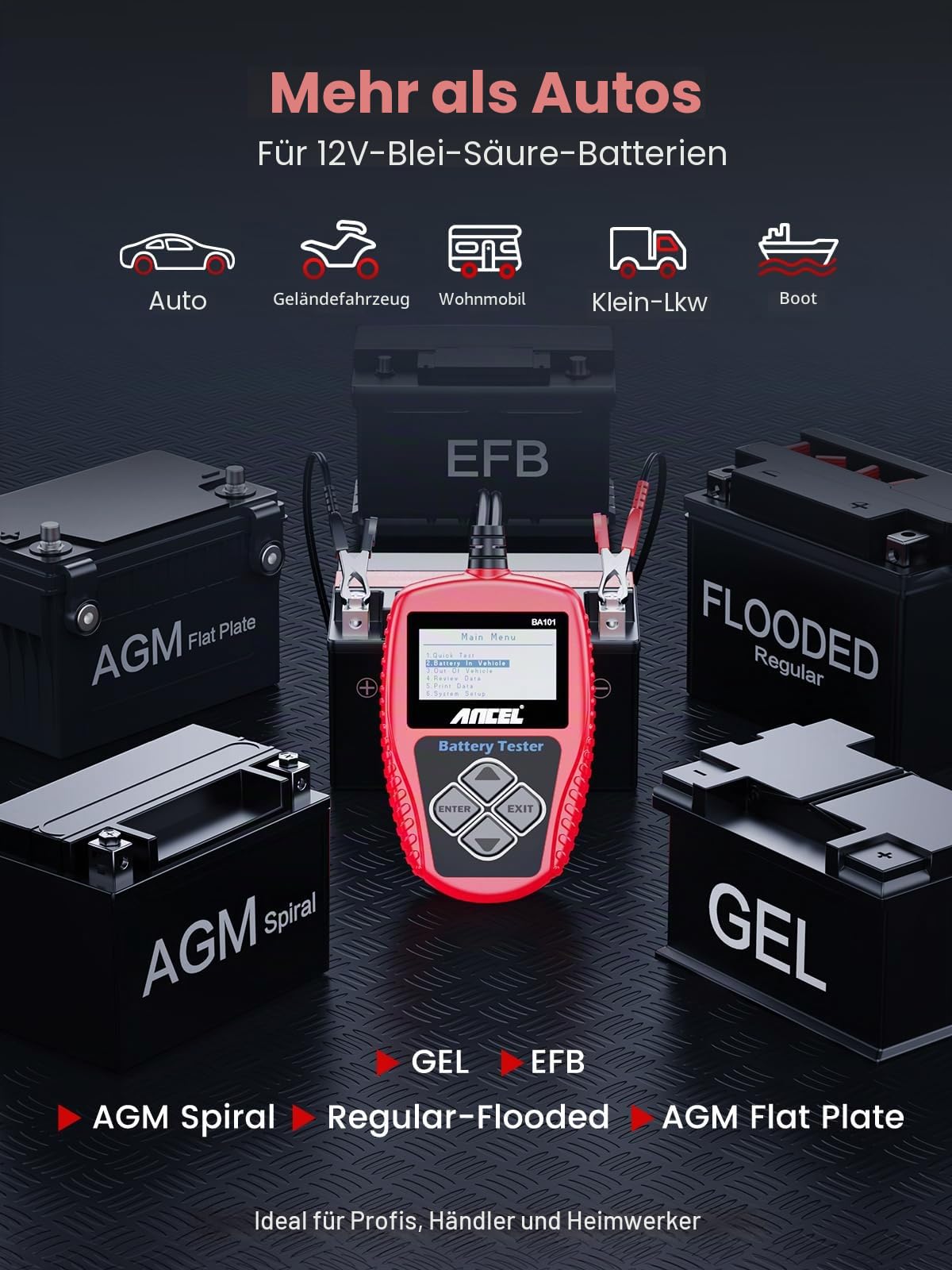 ANCEL BA101 12V KFZ Batterietester, 100-2000 CCA Autobatterie Tester | Autobatterieanalysator, Anlasstests & Ladetests durch, Batterie Lasttester für Auto LKW SUV Boots & Mehr