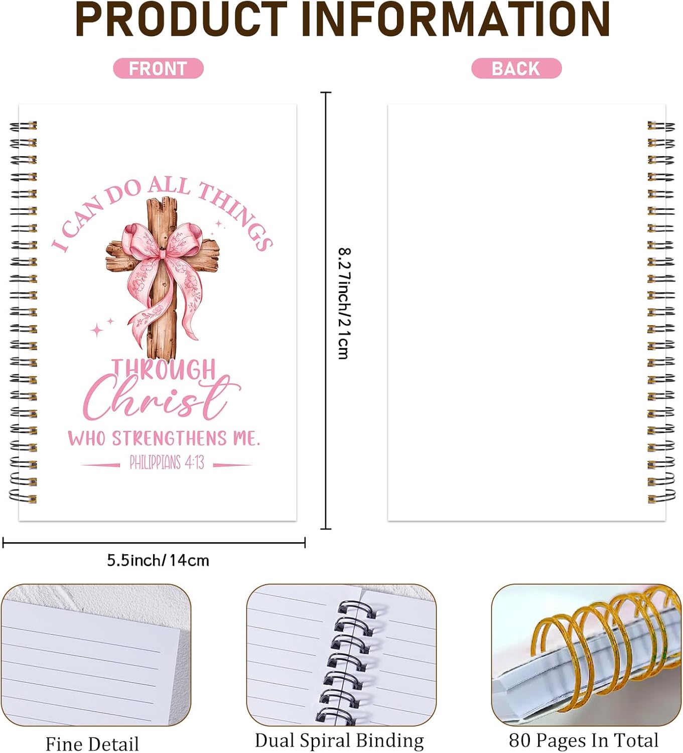 Christian Church Notes Journal for Women - Coquettte Pink Bow Spiral Notebook Bible Notebooks for Note Taking Prayer Cross Notepad School Office Stationary for Students Girly 5.5x8.3 Inches - Image 3