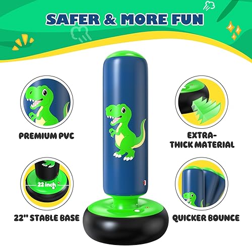 Miniatura 14 de QPAU Saco de boxeo inflable, bolsa de boxeo inflable estable de 48 pulgadas para 3-6 niños, juguete de dinosaurio y regalos para niños y niñas, Azul