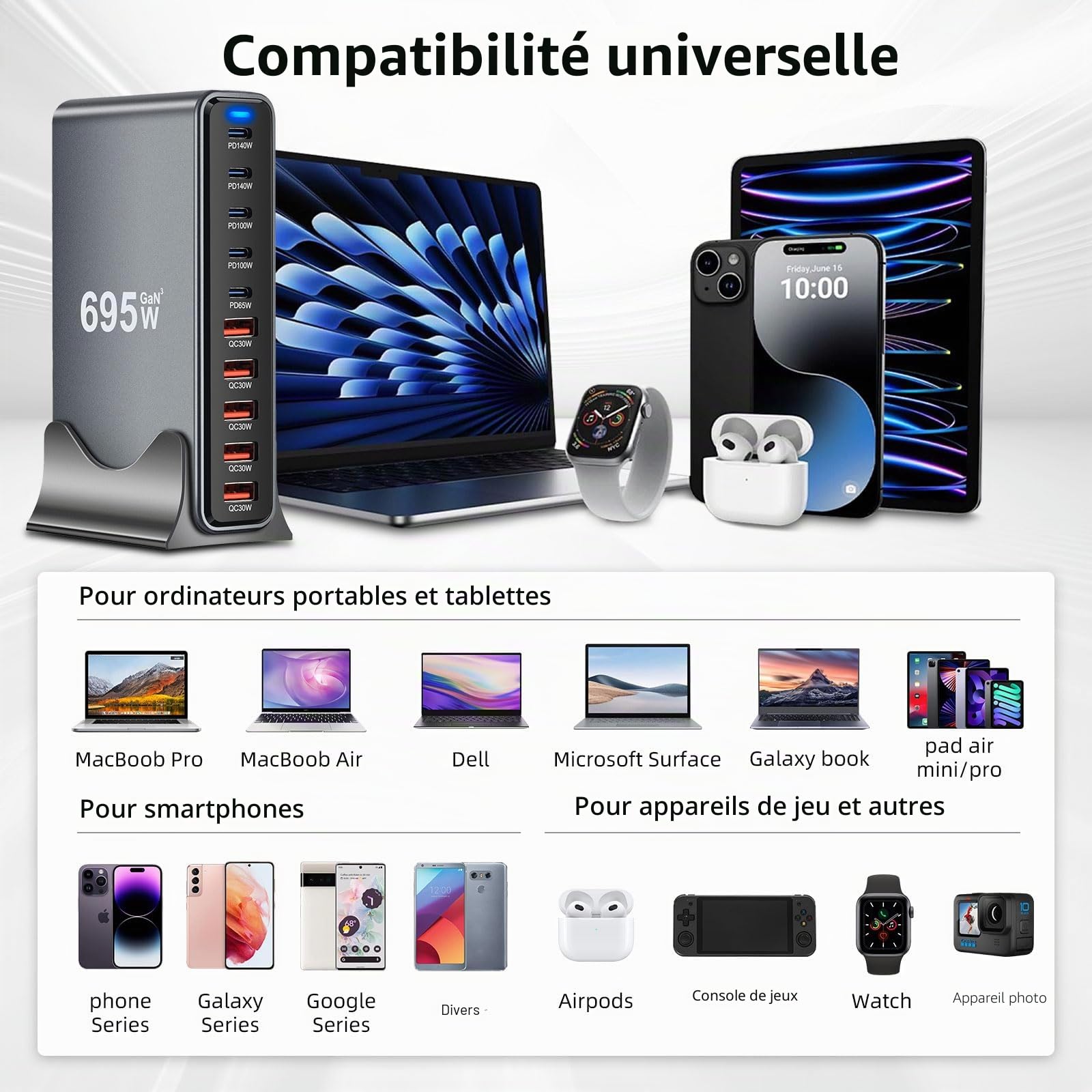 ARCELI Chargeur USB C 695 W 10 ports, GaN III, chargeur USB C avec 5 ports USB-C PD + 5 ports USB-A QC4.0, chargeur rapide pour téléphone 16/15/14 Pro Max, Samsung Galaxy, MacBook, Pad, ordinateur