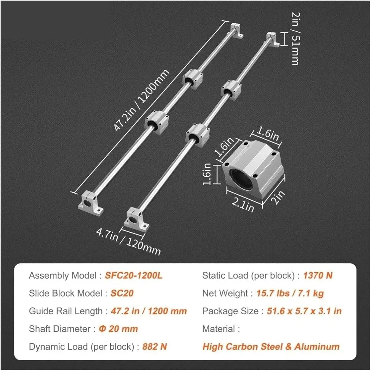 Linear Guide Set SFC20 1200mm 2PCS 47.2in 4PCS SC20 Slide Blocks 4PCS Supports Linear Rails Bearings Kit for automated