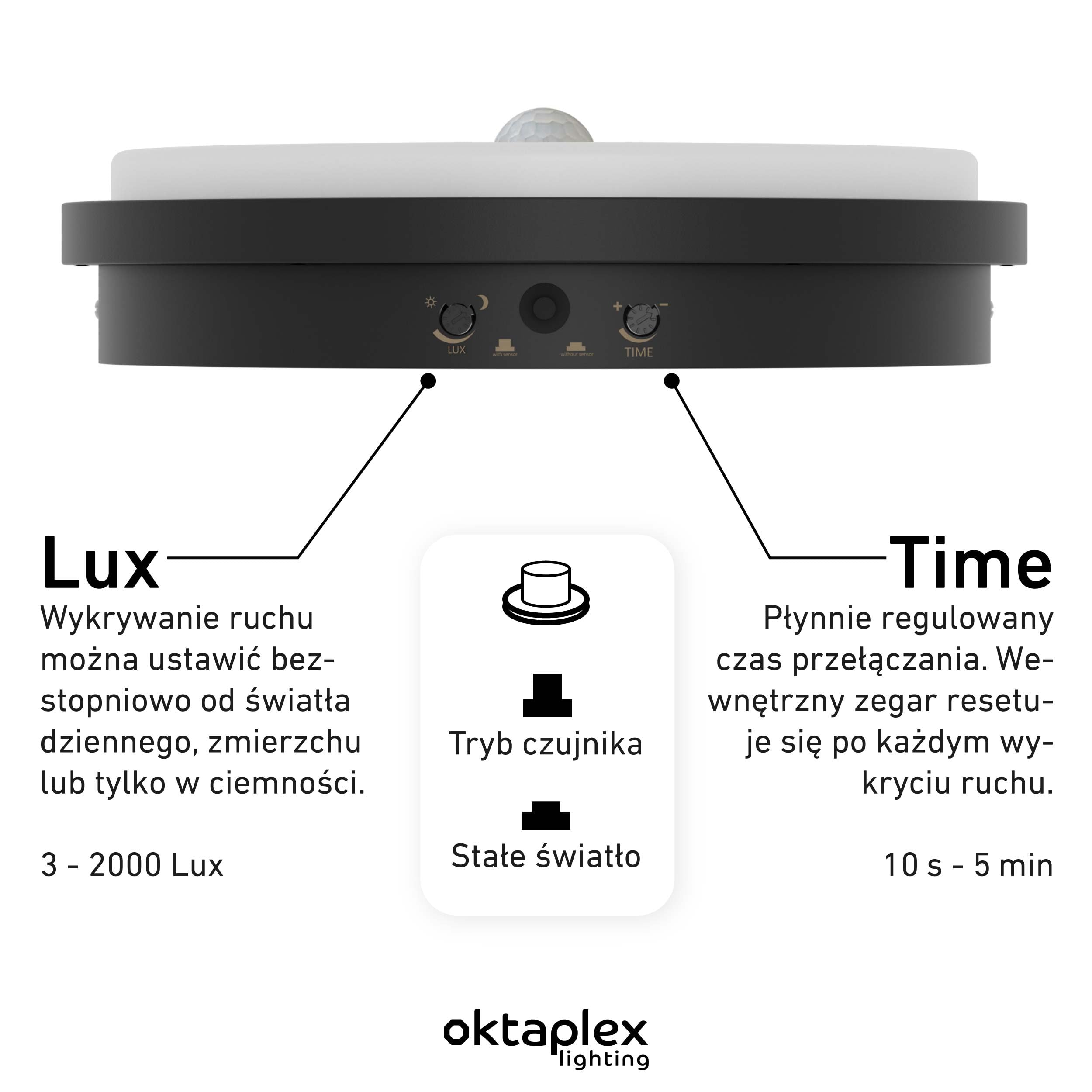 Oktaplex Plato lampa zewnętrzna z czujnikiem ruchu 3000K ciepła biel i przełącznik światła ciągłego 1010lm lampa ścienna LED IP65 okrągła antracytowa 10,5W 230V