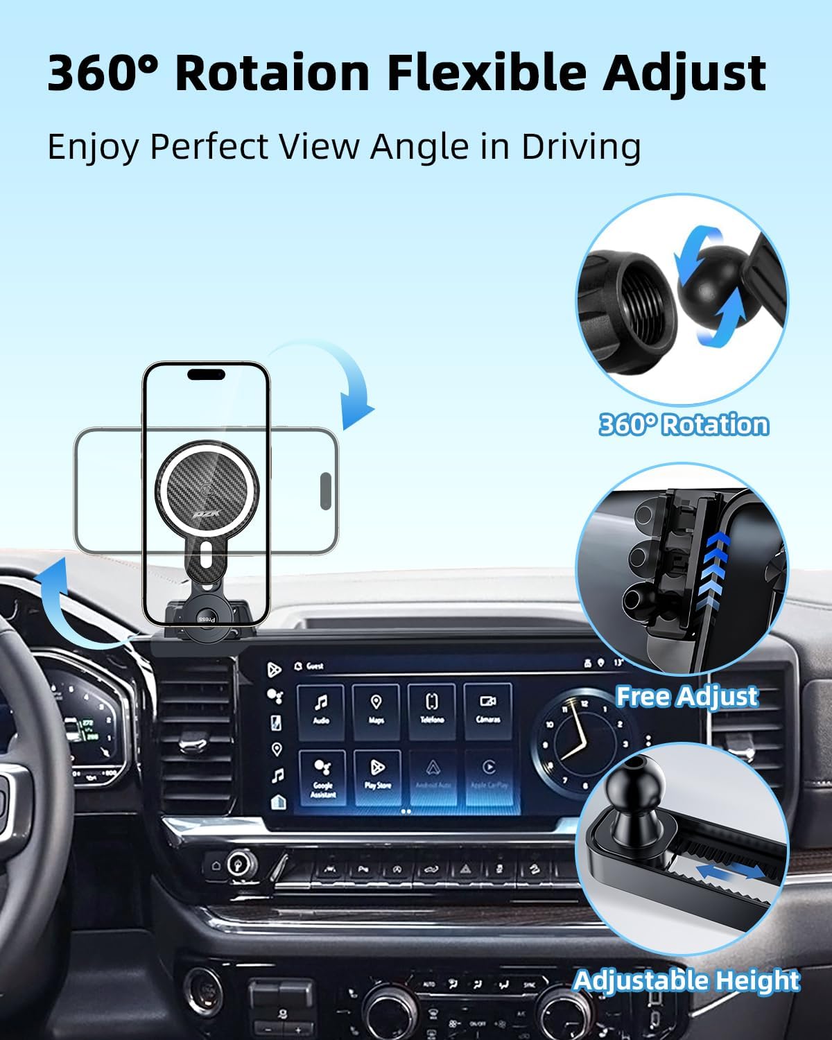 PZK Car Phone Holder for Chevy Silverado 1500/GMC Sierra 1500 2022 2023 2024 2025 2026 Accessories 13.4-Inch Screen Magnetic 15W Fast Wireless Charger Car Phone Mount with 360° Rotating Extension Rod