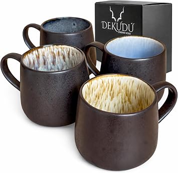 Coffee Tea Cups Original Ceramic Breakfast Cups Quality   Set of 4 400 ml   Hand Made   Very Resistant Dishwasher and Microwave Safe   Black Exterior Colour
