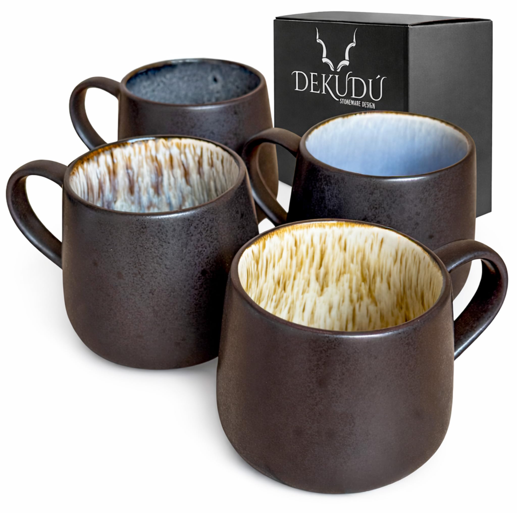 Tasse a Cafe Originale Mug Tasse a The en Grès de Qualité - Fabriqué à la main - 4 pièces 400 ml -Résistant-va au lave-vaisselle micro-ondes -Vaisselle et arts de la table - Noire Mat