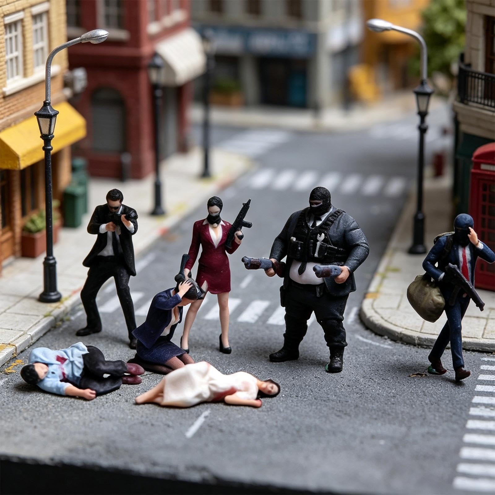 Figure di Rapinatori Dipinte a Mano, Auto da Collezione, Piccolo Diorama da Interni