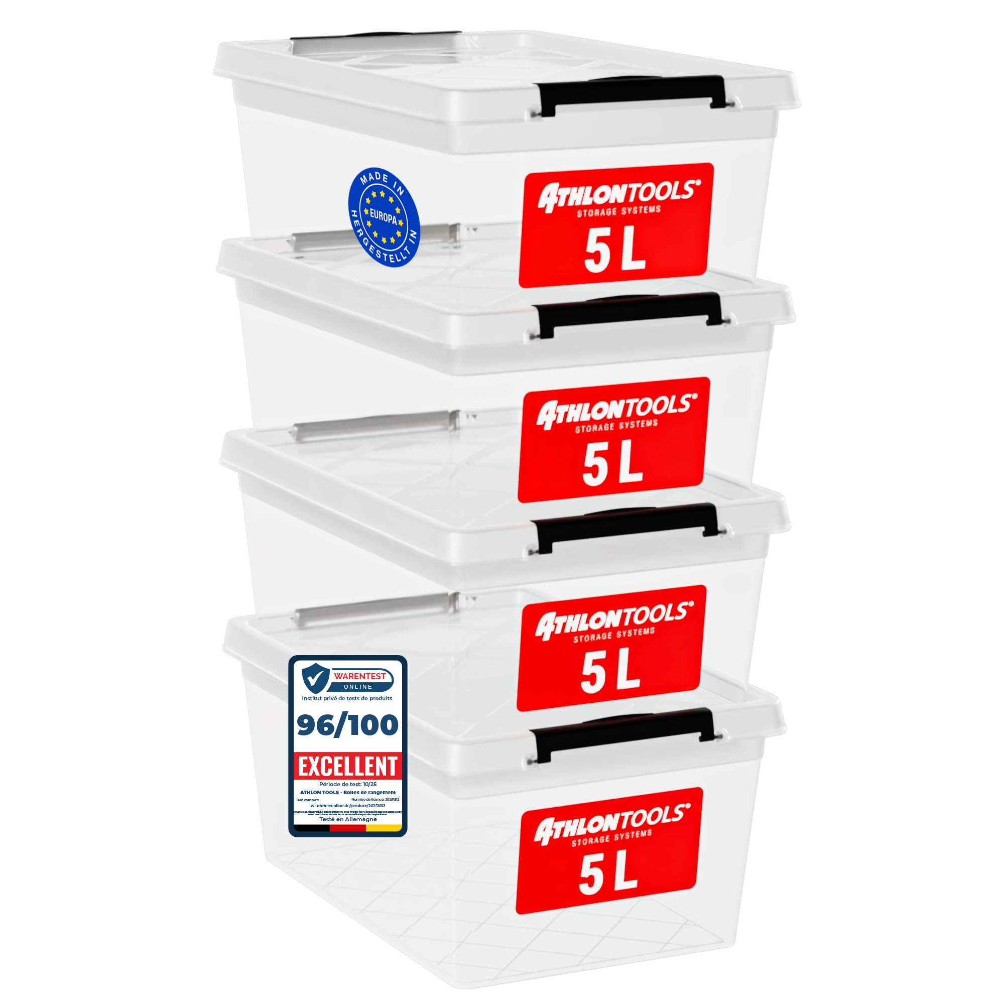 ATHLON TOOLS 4 boîtes de rangement de 5 l avec couvercle, de qualité alimentaire, clips de fermeture, 100% neuf, boîte en plastique transparente, boîtes à vêtements empilables