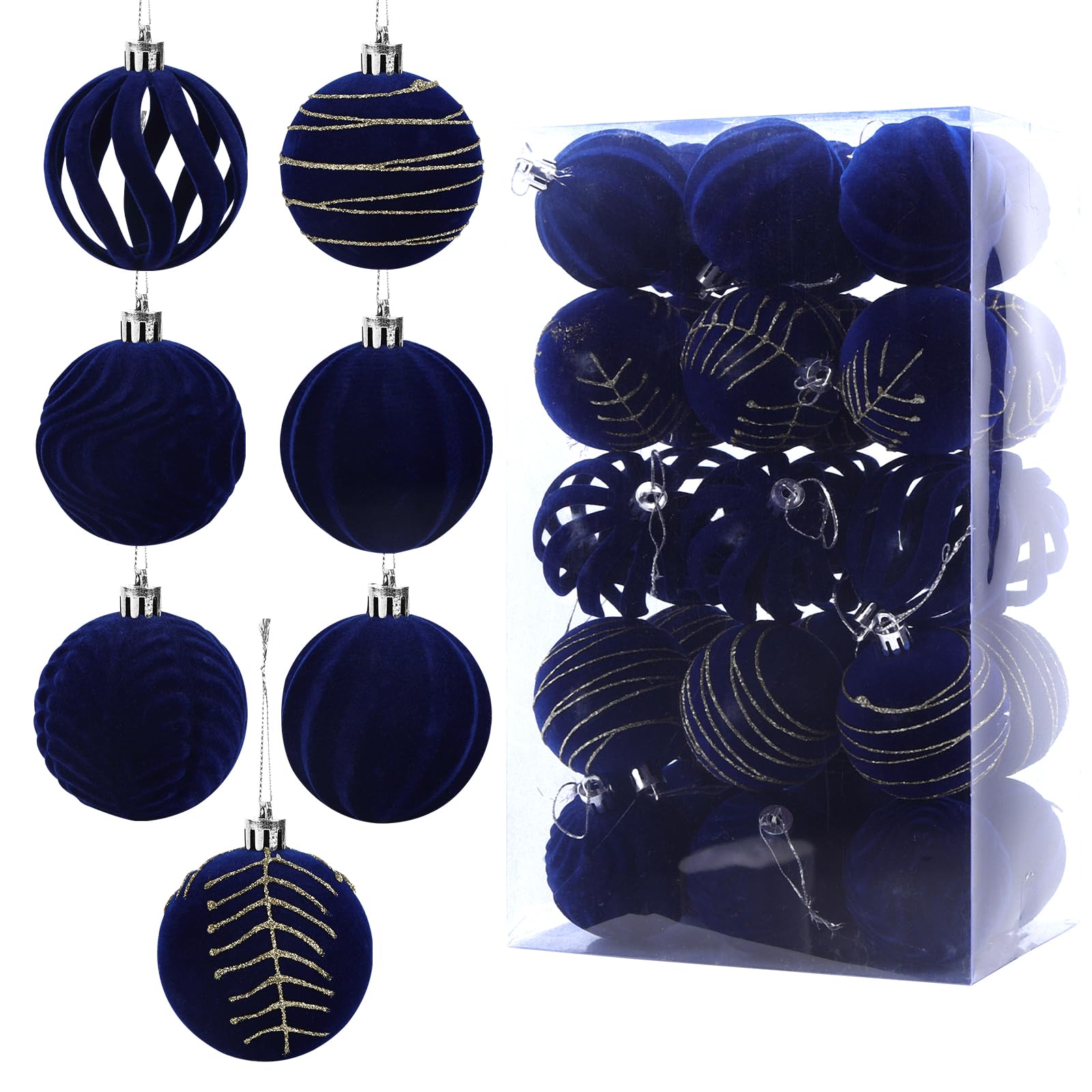 Velvet Christmas Baubles Ornaments - 30pcs 6cm Tree Decorations, Xmas Hanging Flocked Ball Set for Holiday, Wedding, Birthday Party (Blue)