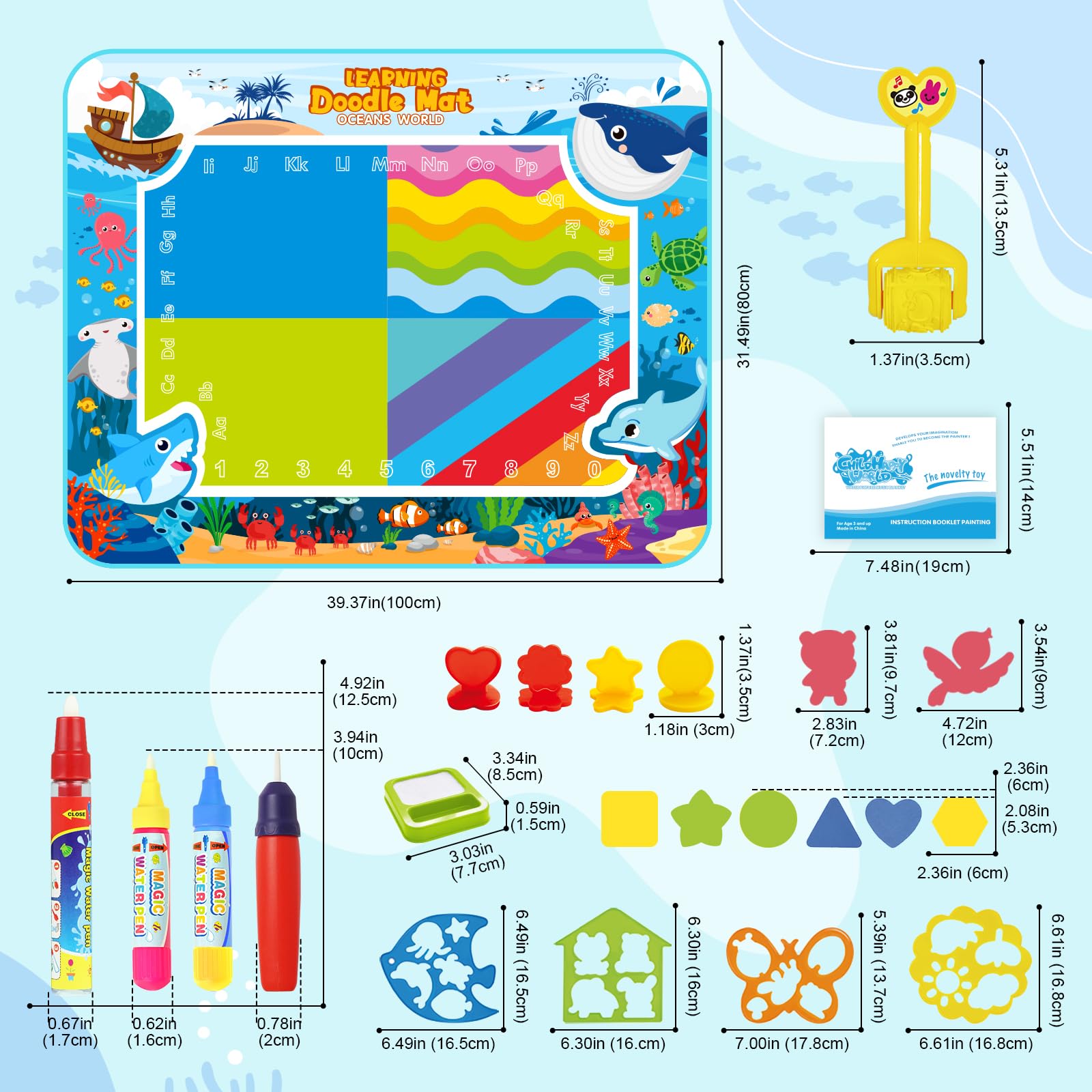 chellago Tappeto Magico 120x90cm, con Accessori, Giochi Educativi Interattivi per Bambini dai 2-6 Anni, Riutilizzabile, Nessun Inchiostro, Nessun Disordine