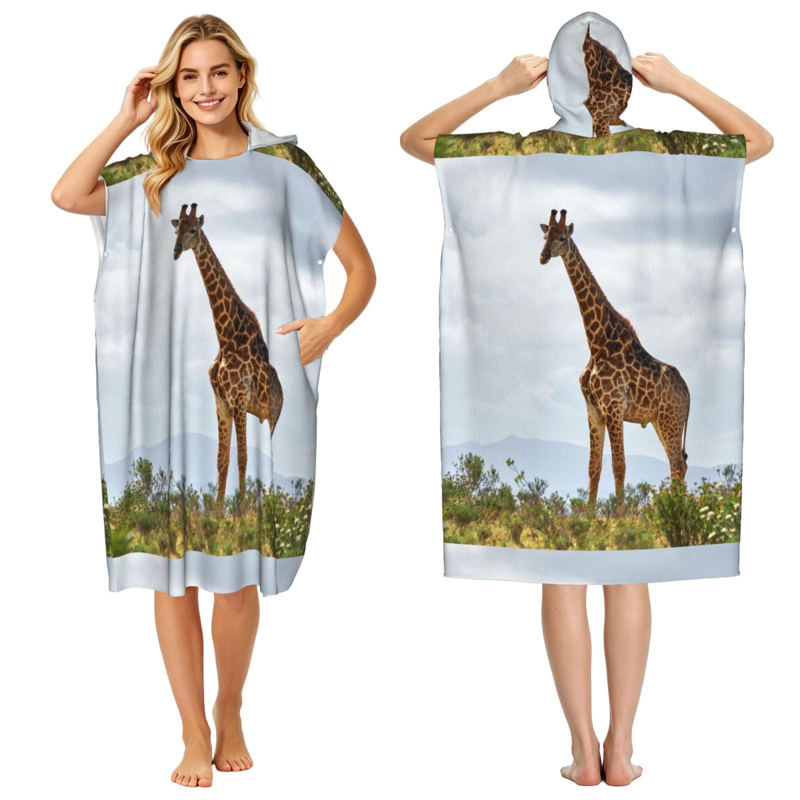 Poadnly Giraffe, Adult Hooded Beach Towel 90 x 110 cm,Changing Bath Robe, Surf Poncho Towel For Women Men