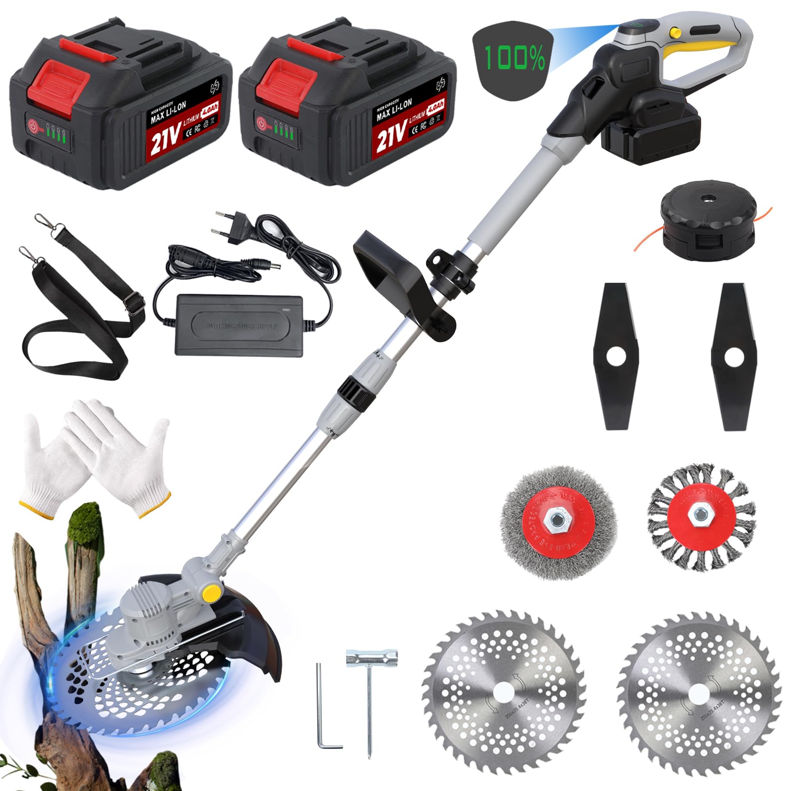 Akku Rasentrimmer für Makita Akkus, 5 in 1 Rasentrimmer mit Akku und Unkrautbürste, 21V Freischneider Akku, mit 2 X 4.0Ah Batterie & Ladegerät, 750W Bürstenloser Motor, Tap&go