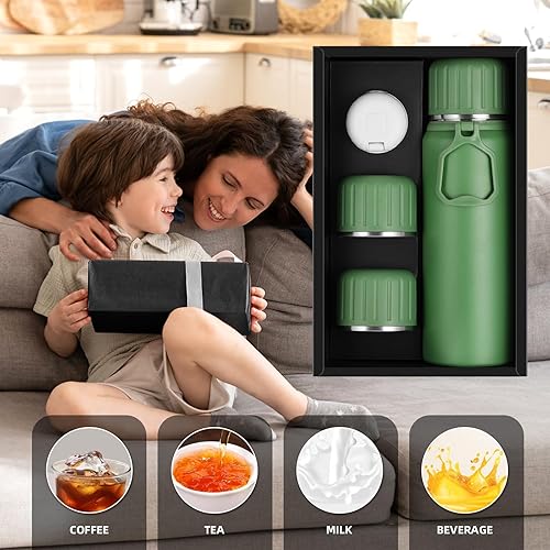 Miniatura 7 de Termo de café de 25.4 fl oz27 oz con 3 tazas, botella de agua aislada, juego de frasco de vacío de acero inoxidable para bebidas frías y calientes,