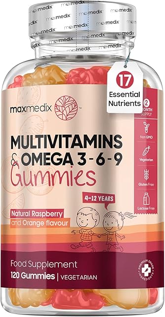 Multivitamin for Kids - 120 Natural Raspberry & Orange Flavour Chewable Gummies (2 Month Supply) - Low-Sugar Kids Vitamins Multivitamins with Zinc & Omega 3, 6 & 9 - Vegetarian Vitamins for Kids