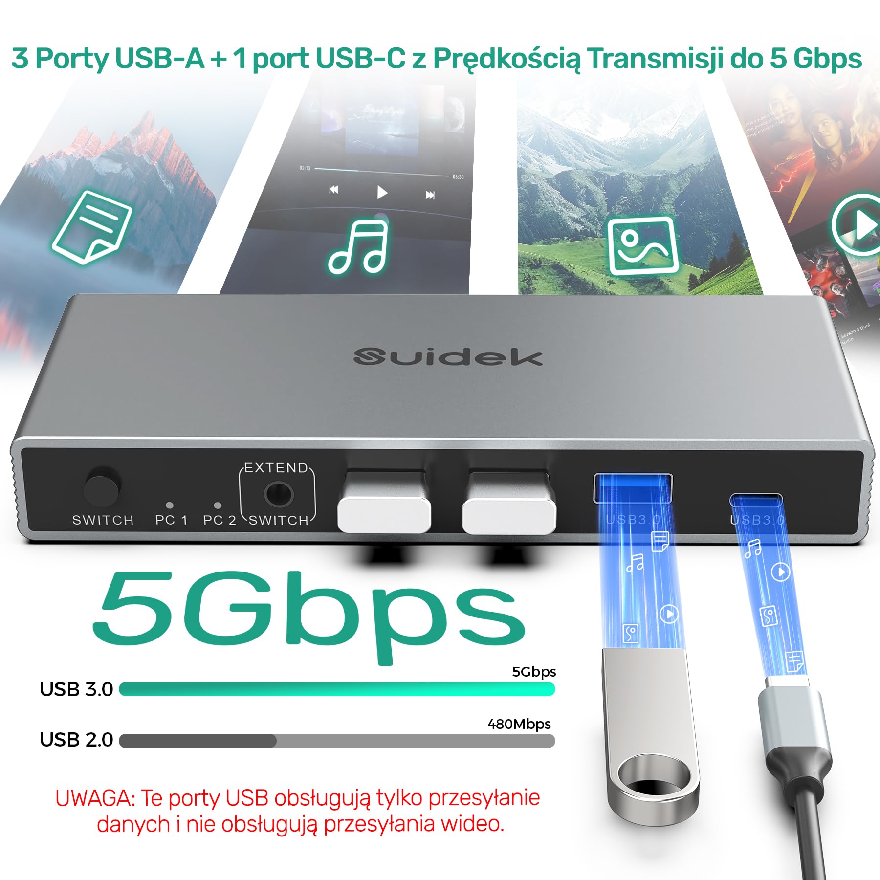 SUIDEK Przełącznik KVM USB-C+HDMI 2 w 1 wyjście 4K@60Hz Aluminium z portami USB 3.0 do podłączenia 1 laptopa i 1 komputera stacjonarnego 1 monitor, klawiatura, mysz i drukarka