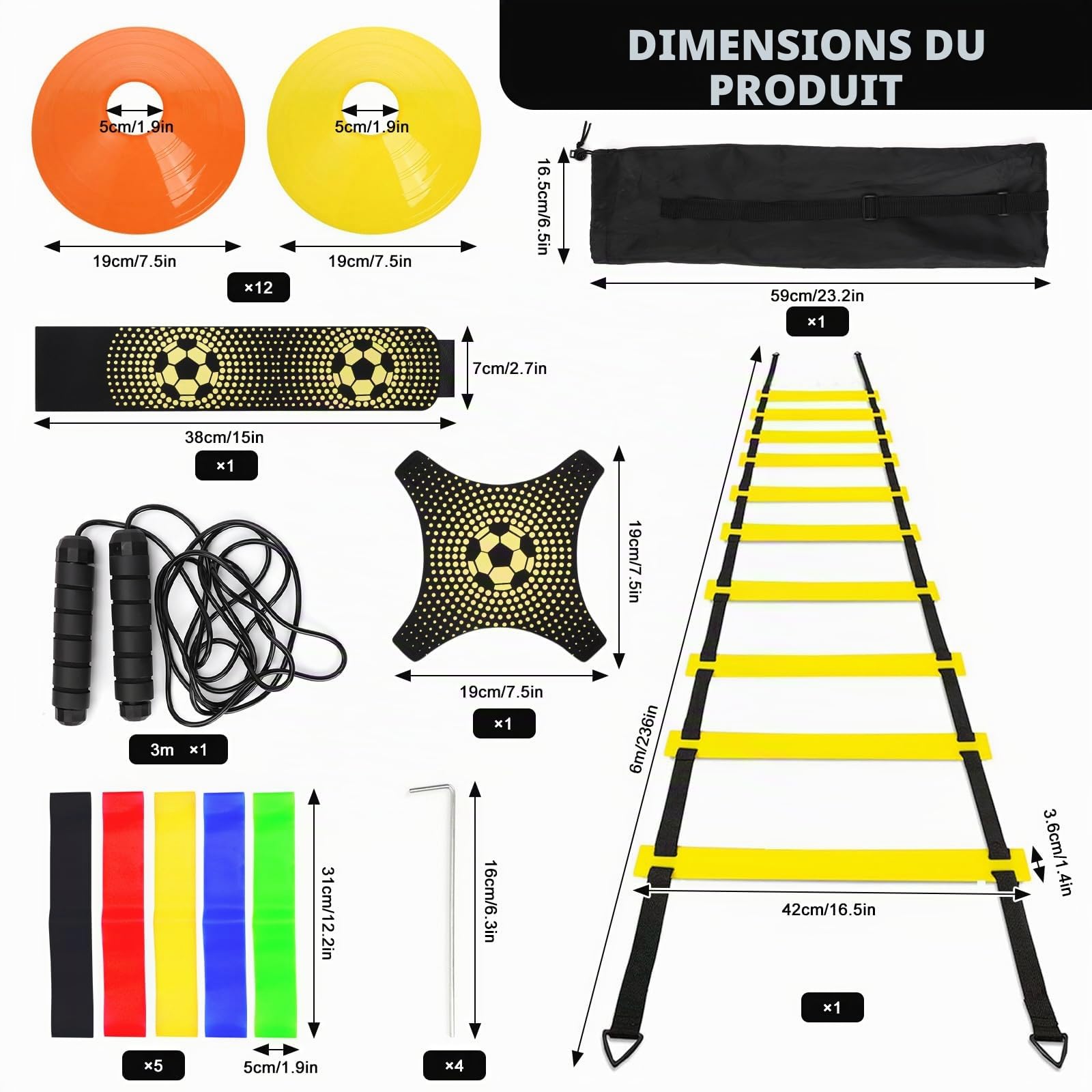 LangRay Kit d'entraînement de Football, Échelle de Rythme 6m, 12 Cônes de Disque, 1 Corde à Sauter, 1 Kick Entraîneur Solo, 5 Bandes de Résistance, Cadeau de Football pour Enfants et Adultes