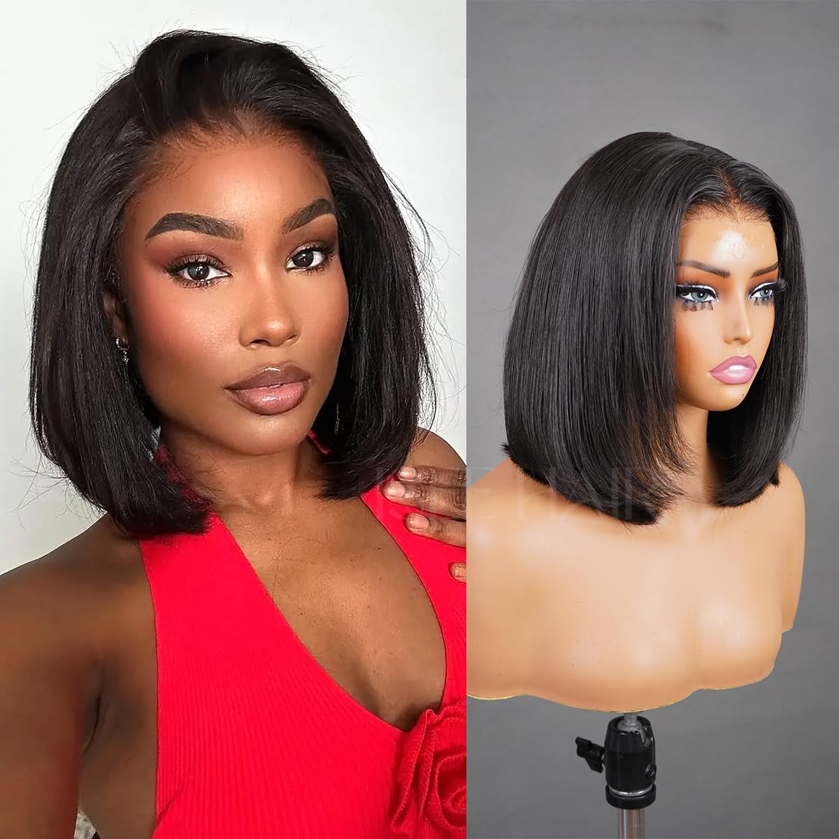 ISEE Hair Wear Go Glueless Wigs Human Hair Pre Plucked Pre Cut 10 Inch Bob Yaki Straight 9x6 Tpart Lace Front Wig With Drawstring Pre Everything Ready to Wear Wig 180% Density for Women