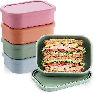 Layhit 4 Pcs Silicone Bento Box Lunch Box, Brick Red Orange Multicolor