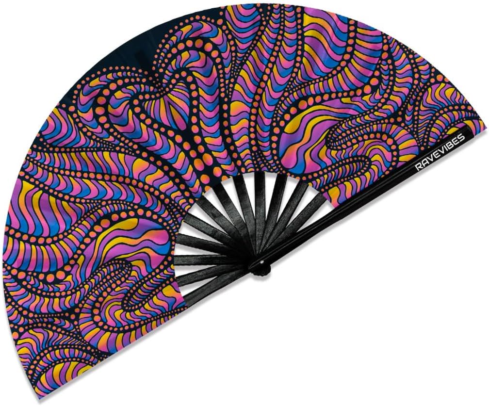 Ravevibes 13" Large Rave Fan Folding Hand Fan, Bamboo Festival Clack Fan Foldable UV Glow Edm Fans For Rave Outfits Accessories Performance Dance Party For Men Women, Alien
